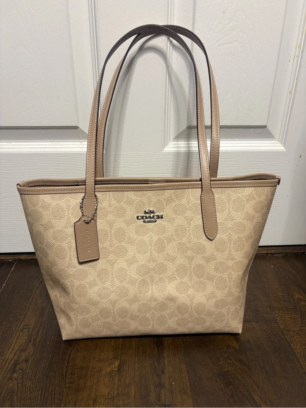 Coach Tan Signature Canvas Tote with Leather Trim